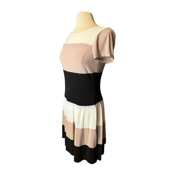 JULIAN TAYLOR Ivory Taupe Black Colorblock Stretch Dress Size 6 Neutral Capsule - Picture 2 of 9